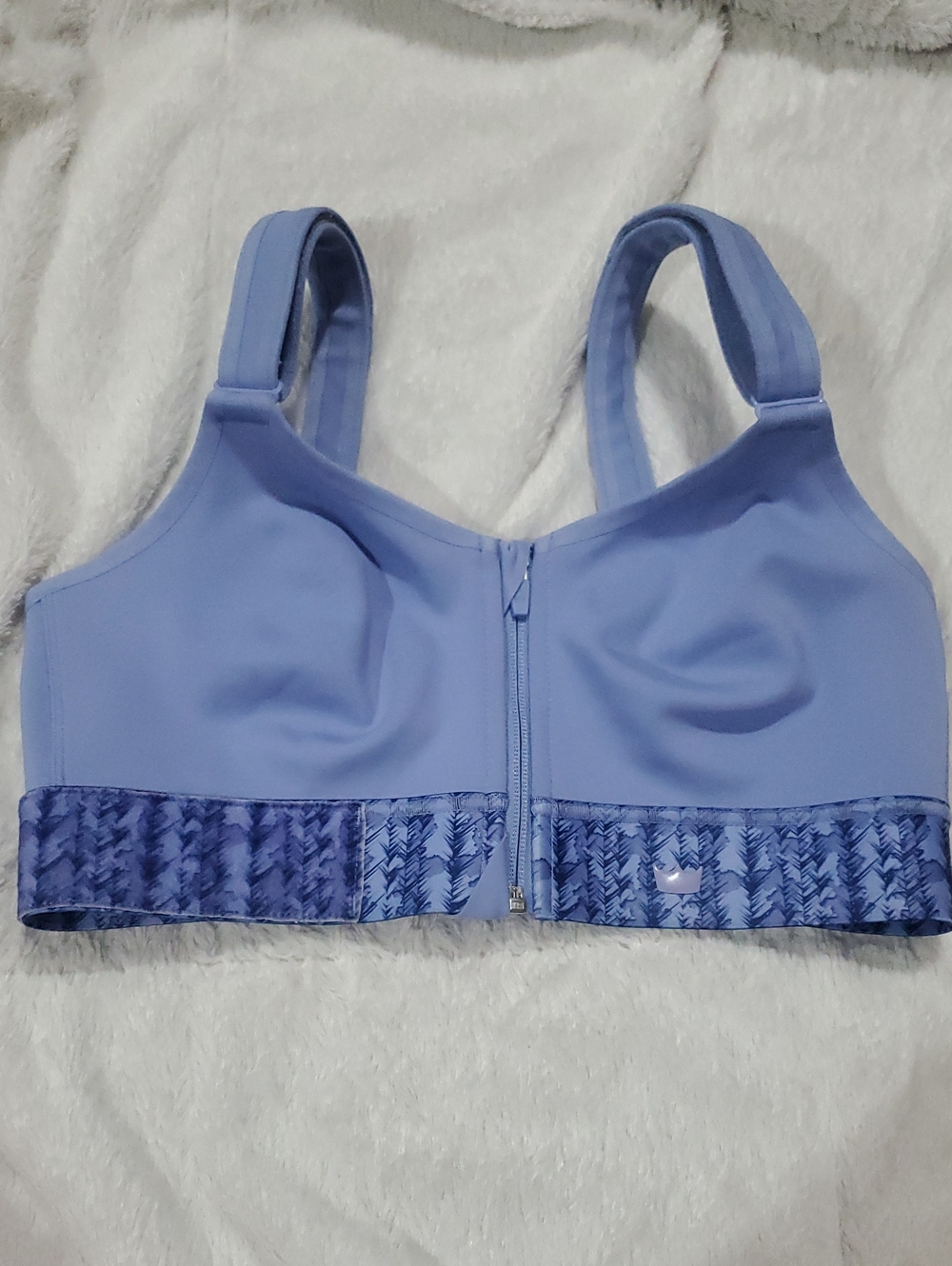 SHEFIT Light Blue Front-Zip Sports Bra with Patterned Blue Band